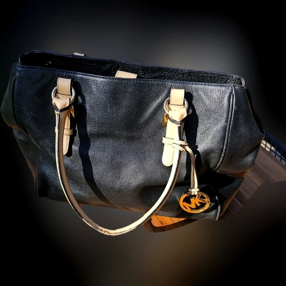 Michael Kors Black and Tan Large Leather Tote with Gold Accents